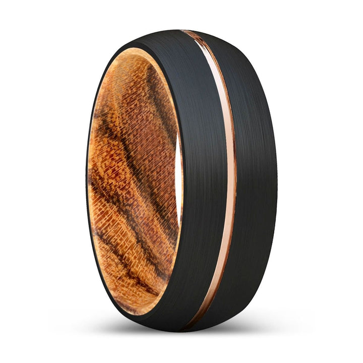 MAMBO | Bocote Wood, Black Tungsten Ring, Rose Gold Groove, Domed - Rings - Aydins Jewelry - 1