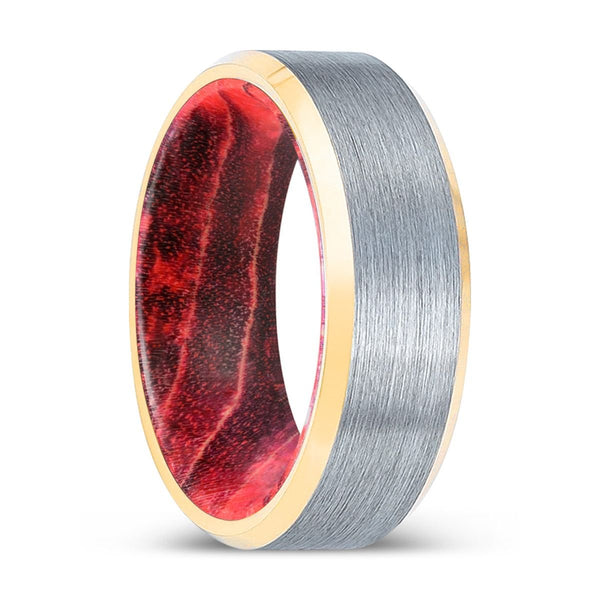 MANDO | Black & Red Wood, Brushed, Silver Tungsten Ring, Gold Beveled Edges - Rings - Aydins Jewelry - 1