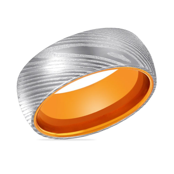 MANDRIN | Orange Ring, Silver Damascus Steel, Domed - Rings - Aydins Jewelry - 2