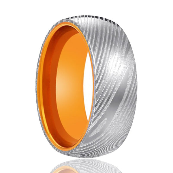 MANDRIN | Orange Ring, Silver Damascus Steel, Domed - Rings - Aydins Jewelry