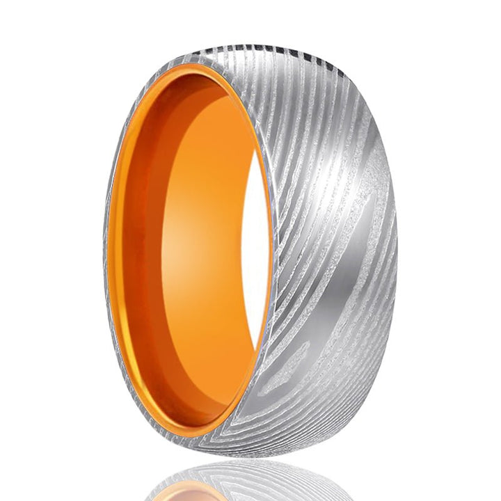 MANDRIN | Orange Ring, Silver Damascus Steel, Domed - Rings - Aydins Jewelry - 1