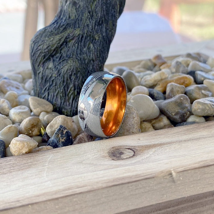 MANDRIN | Orange Ring, Silver Damascus Steel, Domed - Rings - Aydins Jewelry - 5