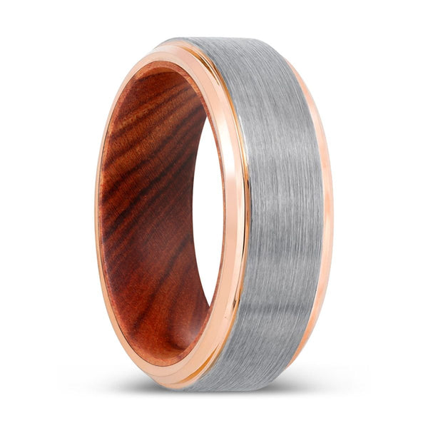 MANTIS | IRON Wood, Silver Tungsten Ring, Brushed, Rose Gold Stepped Edge - Rings - Aydins Jewelry - 1