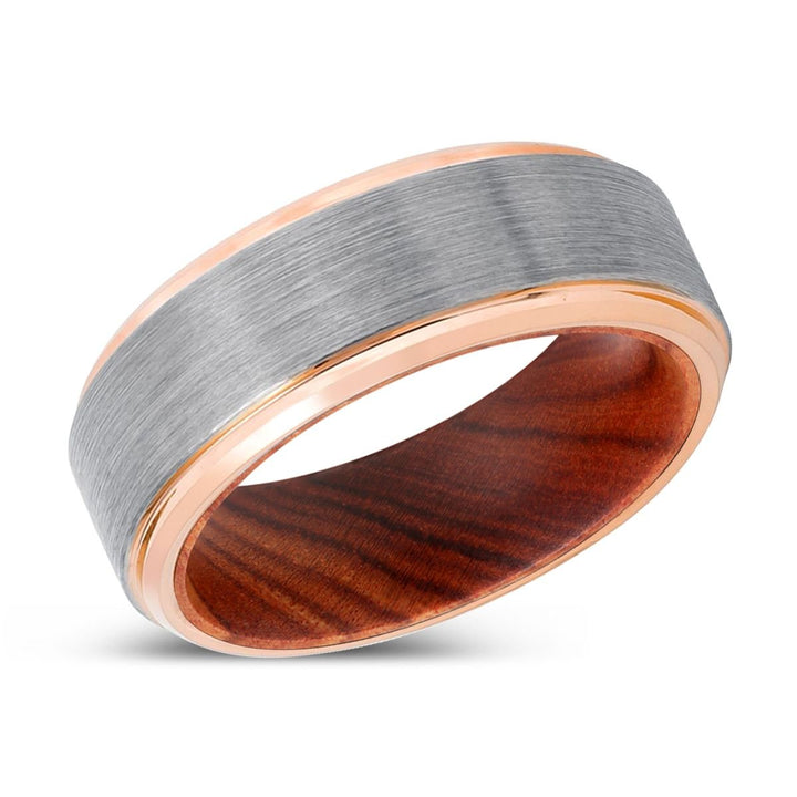 MANTIS | IRON Wood, Silver Tungsten Ring, Brushed, Rose Gold Stepped Edge - Rings - Aydins Jewelry