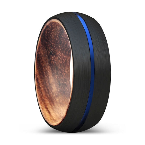 MARCELLO | Zebra Wood, Black Tungsten Ring, Blue Groove, Domed - Rings - Aydins Jewelry - 1