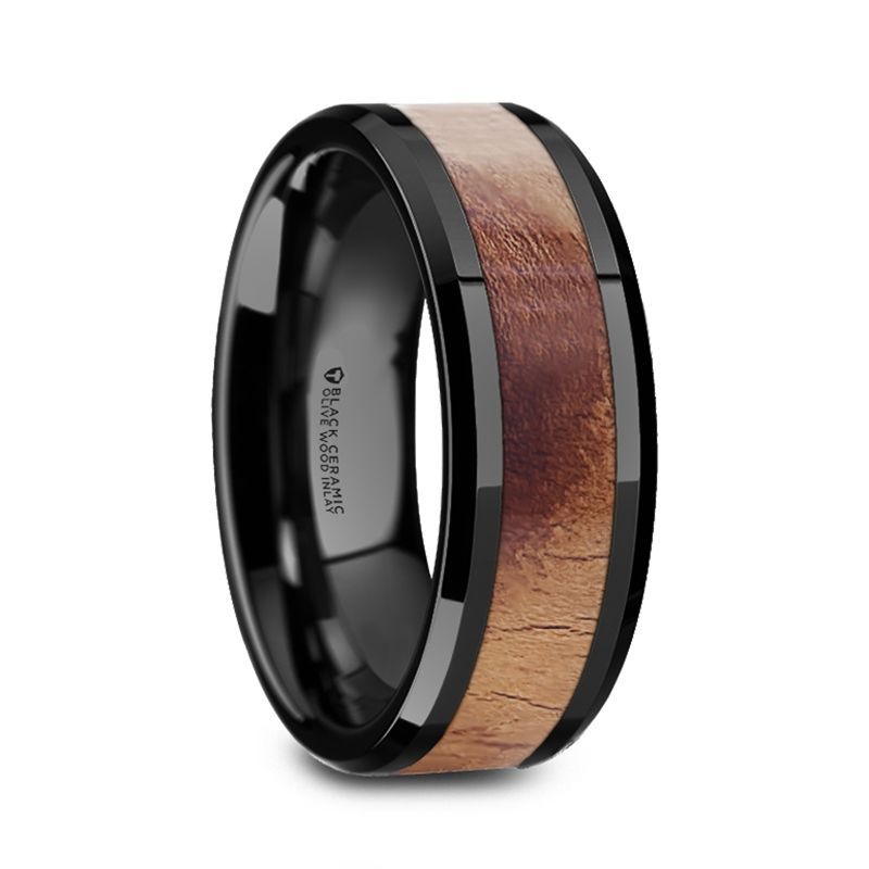 MARCUS | Black Ceramic Ring, Olive Wood Inlay, Beveled - Rings - Aydins Jewelry - 1