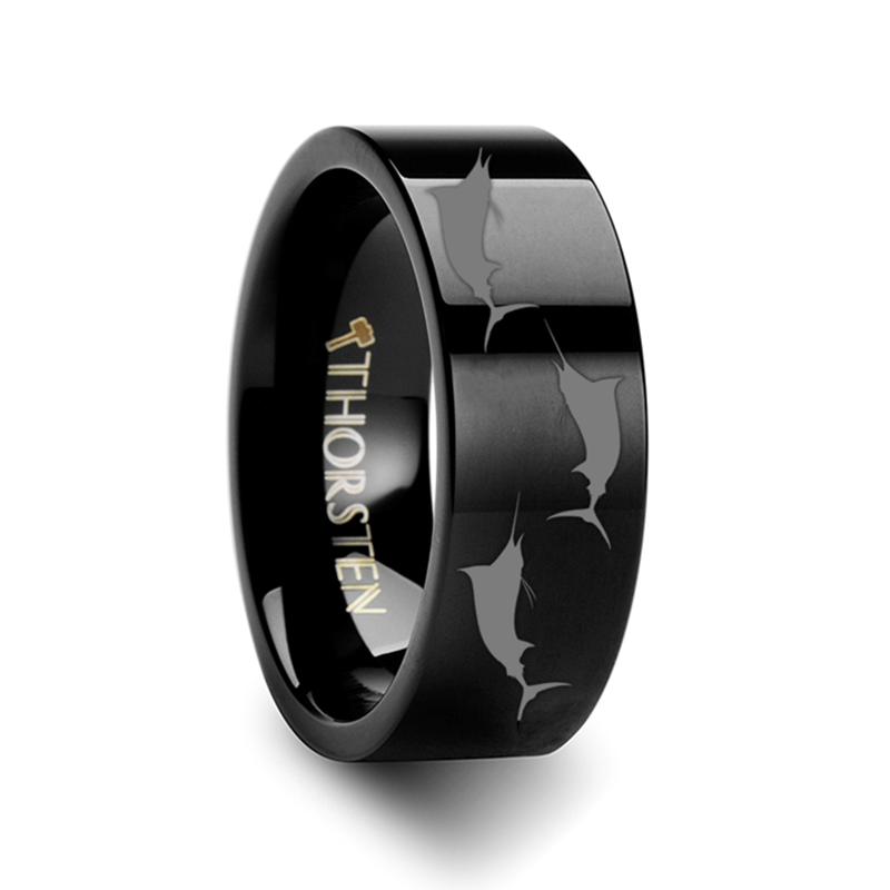 Marlin Fish Sea Pattern Print Engraved Flat Tungst Tungsten Carbide men's wedding band, image 2