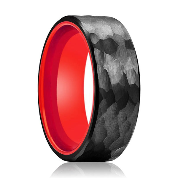 MARS | Red Ring, Black Tungsten Ring, Hammered, Flat
