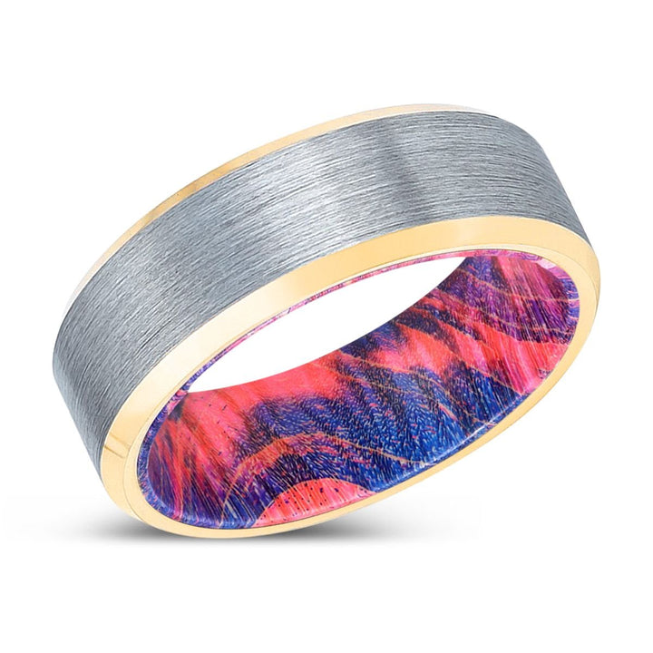 MARWAN | Blue & Red Wood, Brushed, Silver Tungsten Ring, Gold Beveled Edges - Rings - Aydins Jewelry - 2