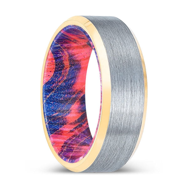 MARWAN | Blue & Red Wood, Brushed, Silver Tungsten Ring, Gold Beveled Edges