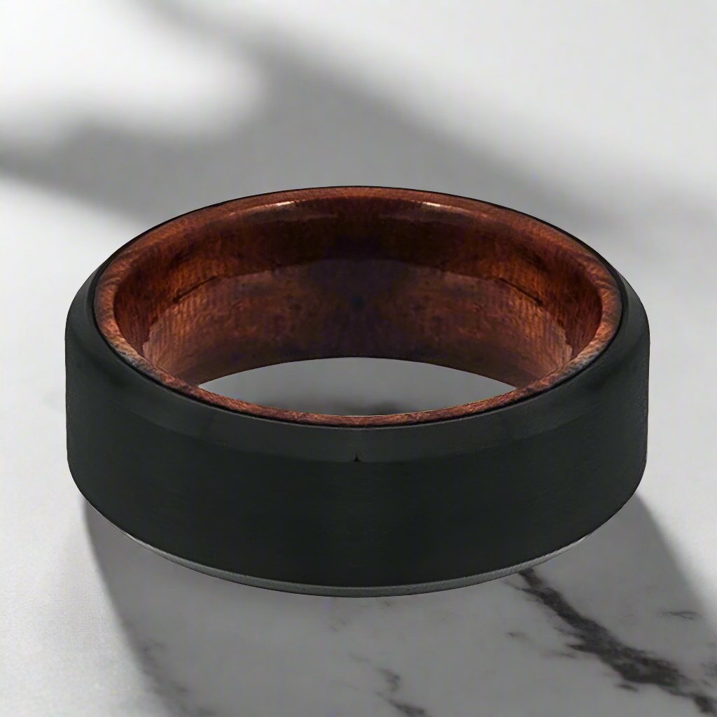 MASERATI | Rose Wood, Black Tungsten Ring, Brushed, Beveled - Rings - Aydins Jewelry - 2