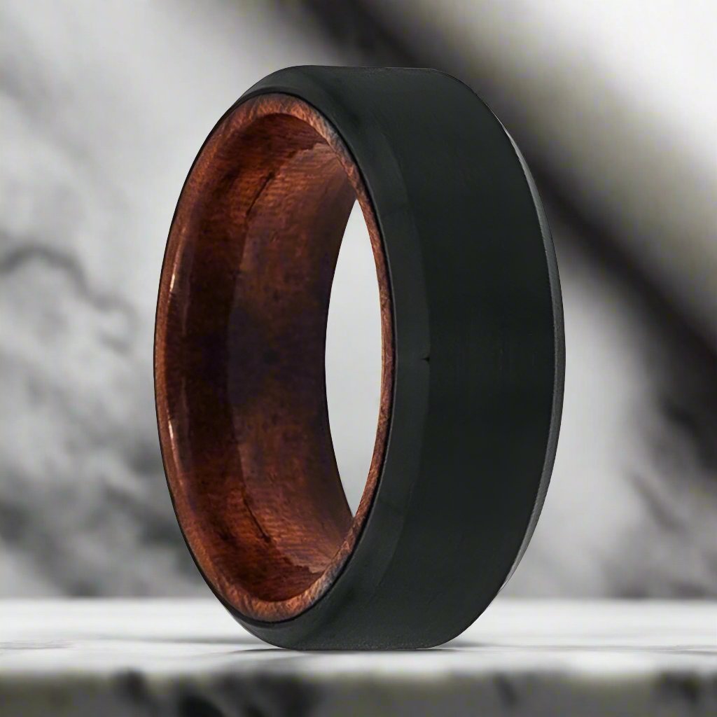 MASERATI | Rose Wood, Black Tungsten Ring, Brushed, Beveled - Rings - Aydins Jewelry - 1