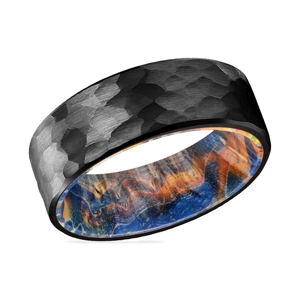 MASON | Blue & Yellow/Orange Wood, Black Tungsten Ring, Hammered, Flat - Rings - Aydins Jewelry - 2