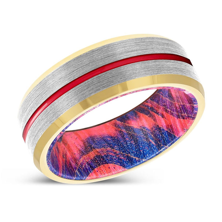 MASTERY | Blue & Red Wood, Silver Tungsten Ring, Red Groove, Gold Beveled Edge - Rings - Aydins Jewelry - 2