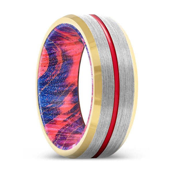 MASTERY | Blue & Red Wood, Silver Tungsten Ring, Red Groove, Gold Beveled Edge - Rings - Aydins Jewelry - 1