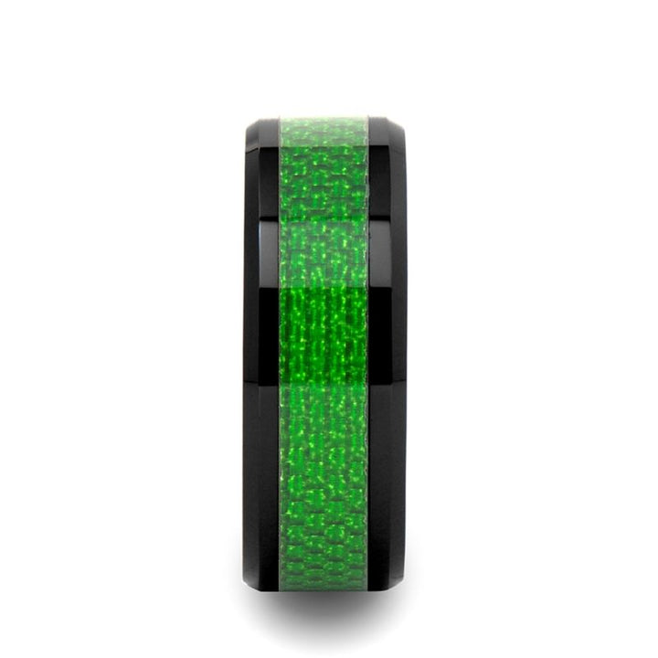 MATLAL | Black Ceramic Ring, Green Carbon Fiber Inlay, Beveled - Rings - Aydins Jewelry - 2
