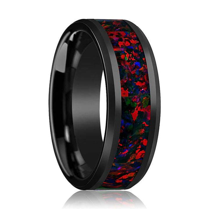 MATRIX | Black Ceramic Ring, Black Opal Inlay, Beveled