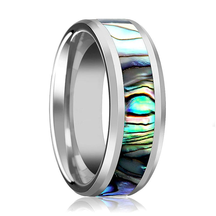 MAUI | Silver Tungsten Ring, Mother of Pearl Inlay, Beveled - Rings - Aydins Jewelry - 1