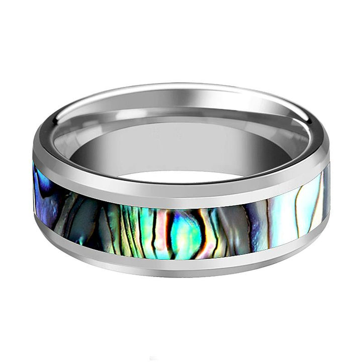 MAUI | Silver Tungsten Ring, Mother of Pearl Inlay, Beveled - Rings - Aydins Jewelry - 2