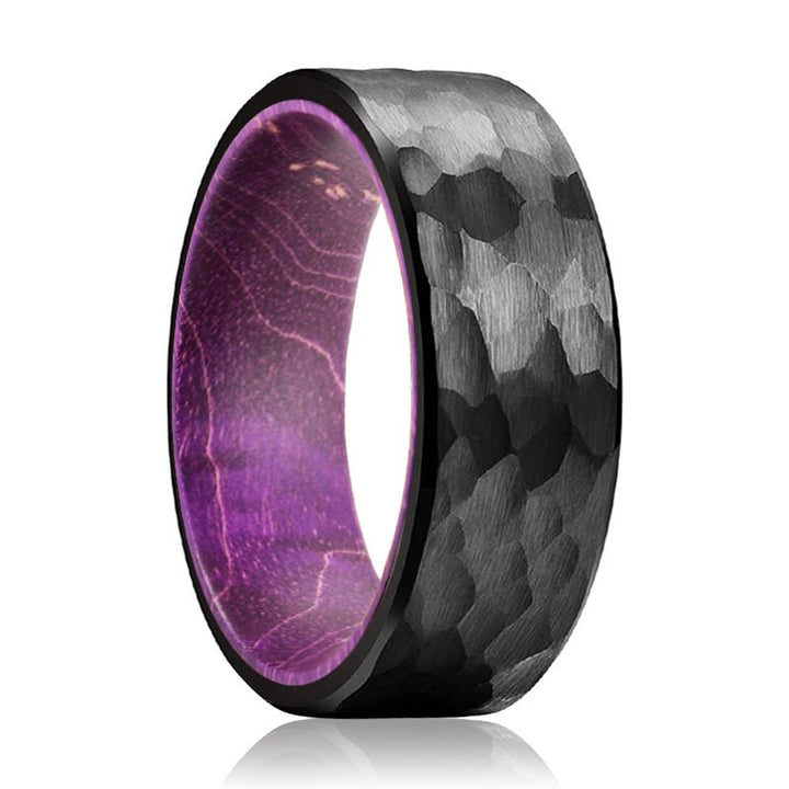 OBSIDIROYAL | Purple Wood, Black Tungsten Ring, Hammered, Flat - Rings - Aydins Jewelry - 1