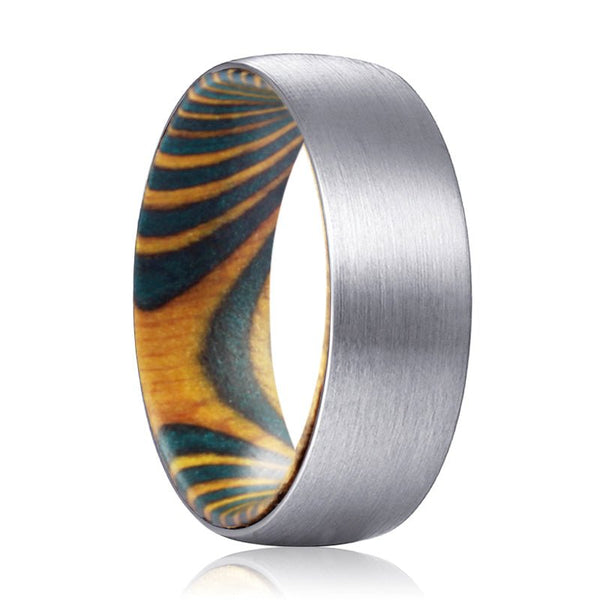 MAX | Green & Yellow Wood, Silver Tungsten Ring, Brushed, Domed - Rings - Aydins Jewelry - 1