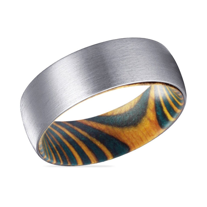 MAX | Green & Yellow Wood, Silver Tungsten Ring, Brushed, Domed - Rings - Aydins Jewelry - 2
