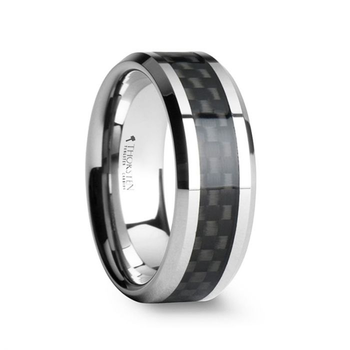 MAXIMUS | Silver Tungsten Ring, Black Carbon Fiber Inlay, Beveled, 10mm, 12mm - Rings - Aydins Jewelry - 1