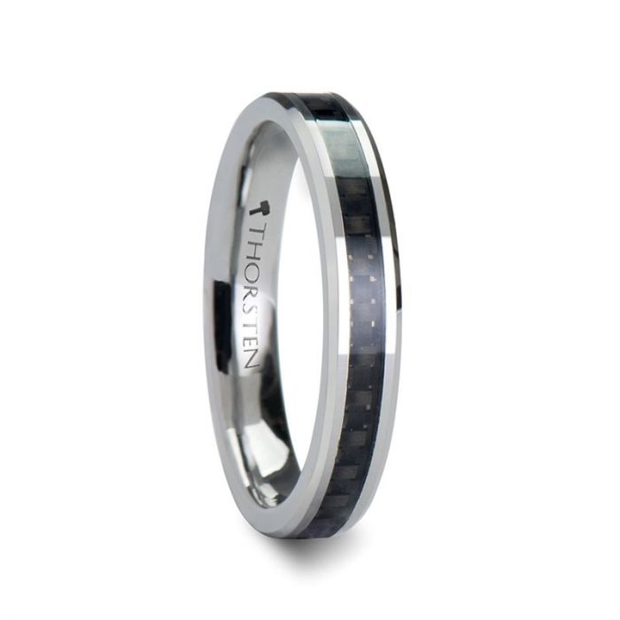 MAXIMUS | Silver Tungsten Ring, Black Carbon Fiber Inlay, Beveled, 4mm, 6mm, 8mm - Rings - Aydins Jewelry - 1