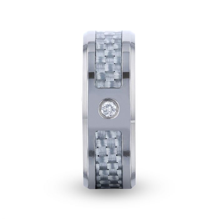 MAYBACH | Silver Titanium Ring, Diamond Stone, Light Gray Carbon Fiber Inlay, Beveled - Rings - Aydins Jewelry - 2