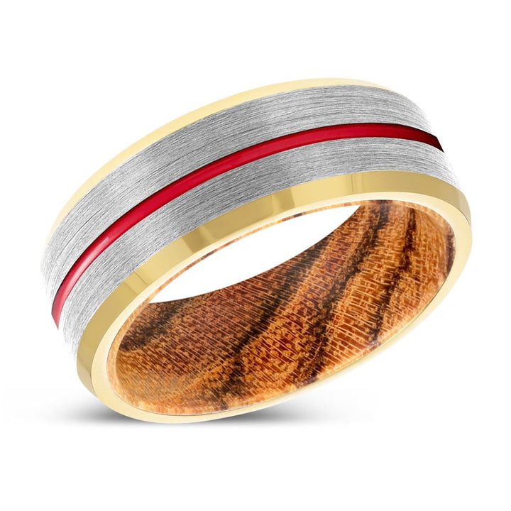 MAYHEM | Bocote Wood, Silver Tungsten Ring, Red Groove, Gold Beveled Edge - Rings - Aydins Jewelry - 2