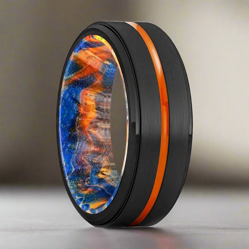 MCKINNEY | Blue & Yellow/Orange Wood, Black Tungsten Ring, Orange Groove, Stepped Edge - Rings - Aydins Jewelry - 1