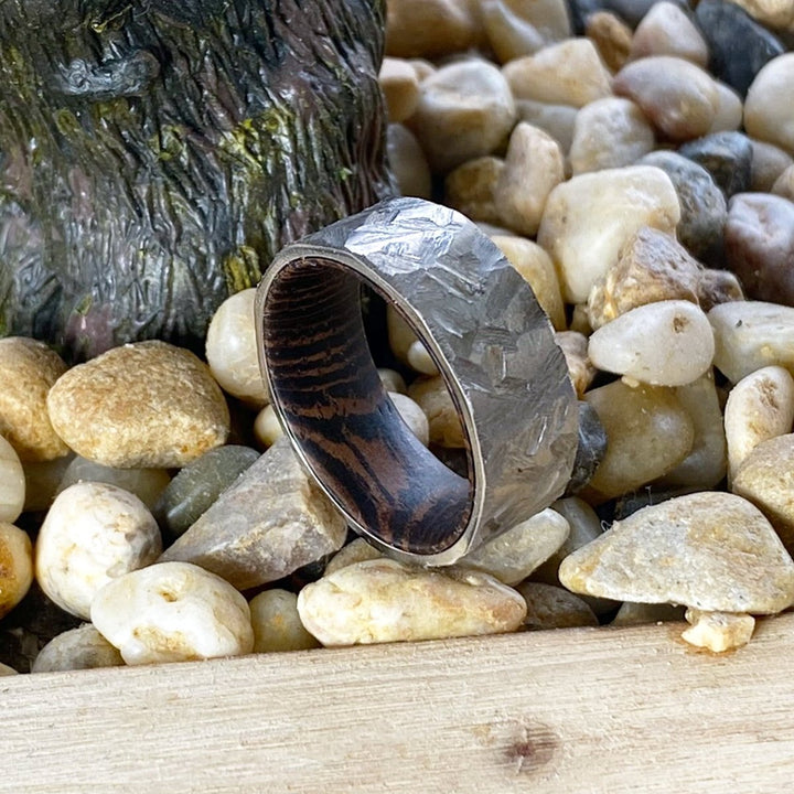 MEADOW | Wenge Wood, Silver Titanium Ring, Hammered, Flat - Rings - Aydins Jewelry - 6