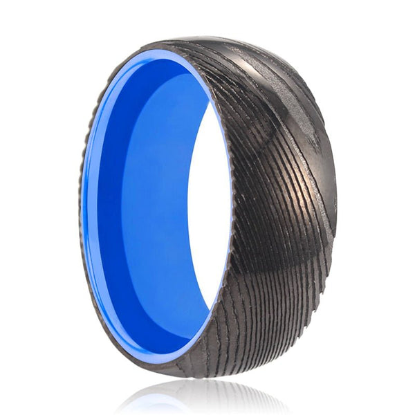 MEGAMIND | Blue Ring, Gunmetal Damascus Steel Ring, Domed - Rings - Aydins Jewelry - 1