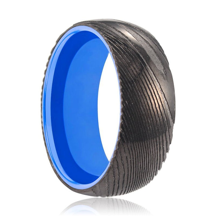 MEGAMIND | Blue Ring, Gunmetal Damascus Steel Ring, Domed - Rings - Aydins Jewelry