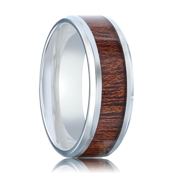 MELIA | Silver Titanium Ring, Mahogany Wood Inlay, Beveled - Rings - Aydins Jewelry