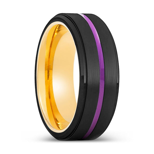 MELTON | Gold Ring, Black Tungsten Ring, Purple Groove, Stepped Edge - Rings - Aydins Jewelry
