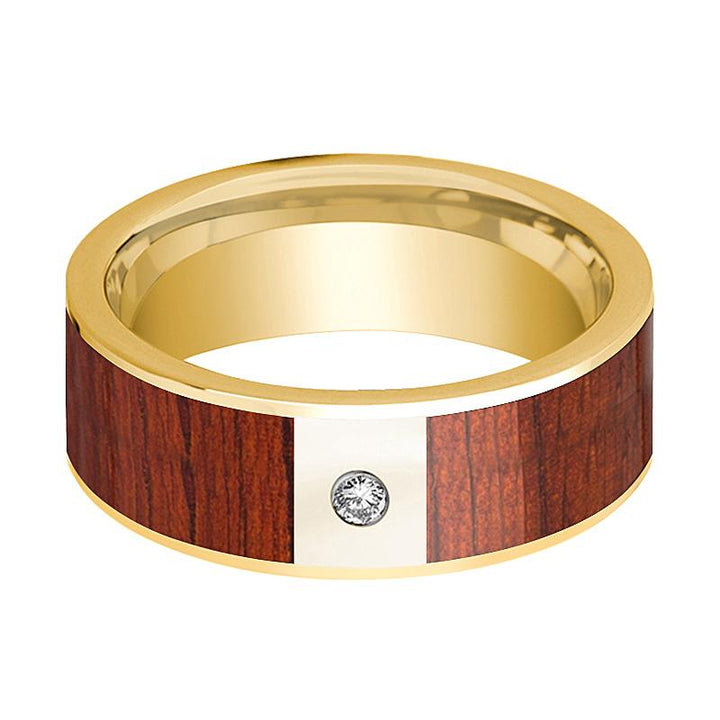 Men's 14k Gold Wedding Band with White Diamond in Center and Padauk Wood Inlay - 8MM - Rings - Aydins Jewelry - 2
