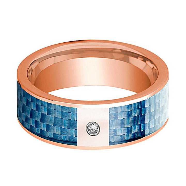 Mens Wedding Band 14K Rose Gold and Diamond with Blue Carbon Fiber Inlay Flat Polished Design - AydinsJewelry