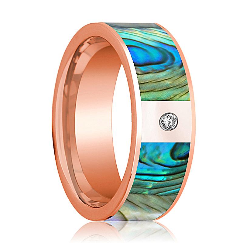 Mother of Pearl inlay 14k rose gold wedding band 8mm with diamond, top view