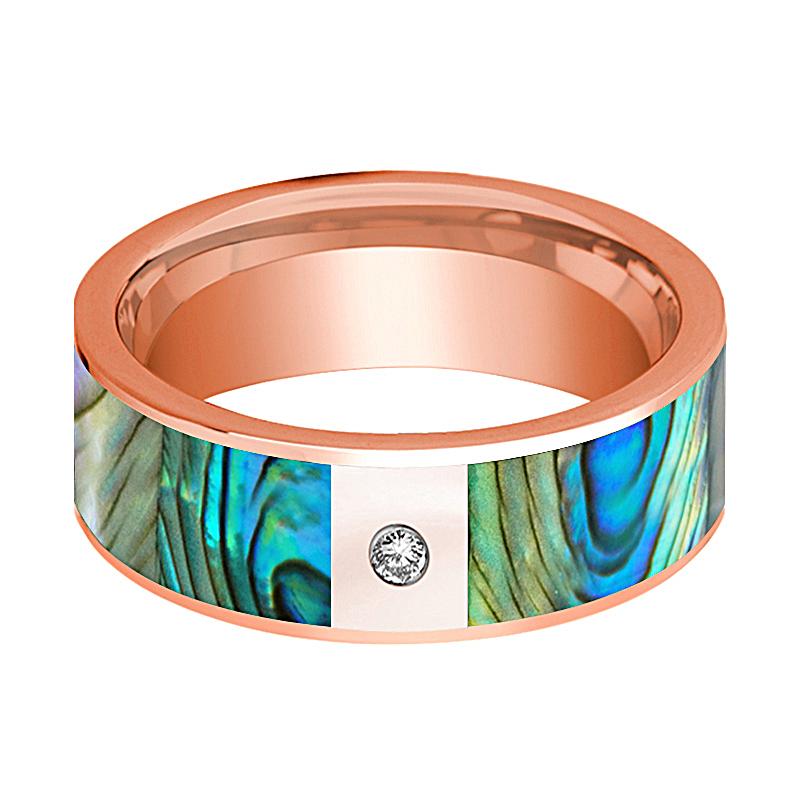 Mother of Pearl inlay 14k rose gold wedding band 8mm with diamond, side profile