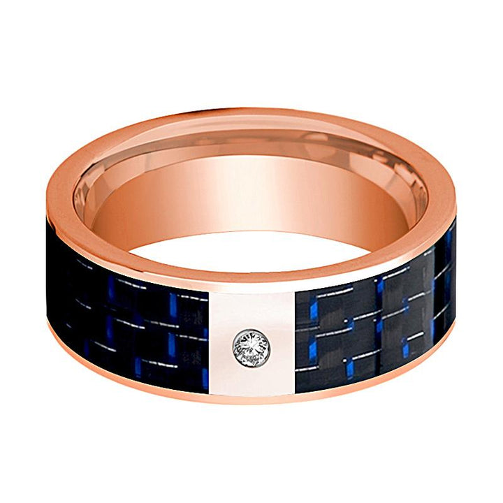 Men's 14k Rose Gold & Diamond Flat Wedding Ring with Blue & Black Carbon Fiber Inlay - 8MM - Rings - Aydins Jewelry