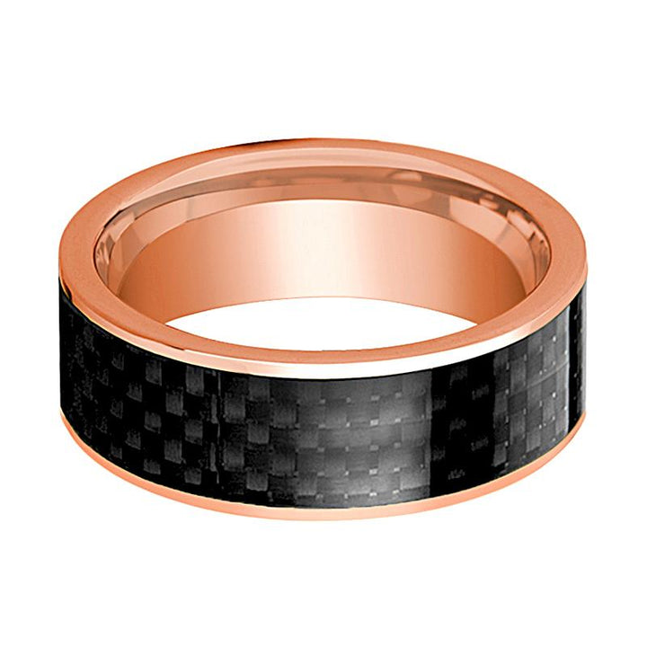 Mens Wedding Band 14K Rose Gold with Black Carbon Fiber Inlay Flat Polished Design - AydinsJewelry