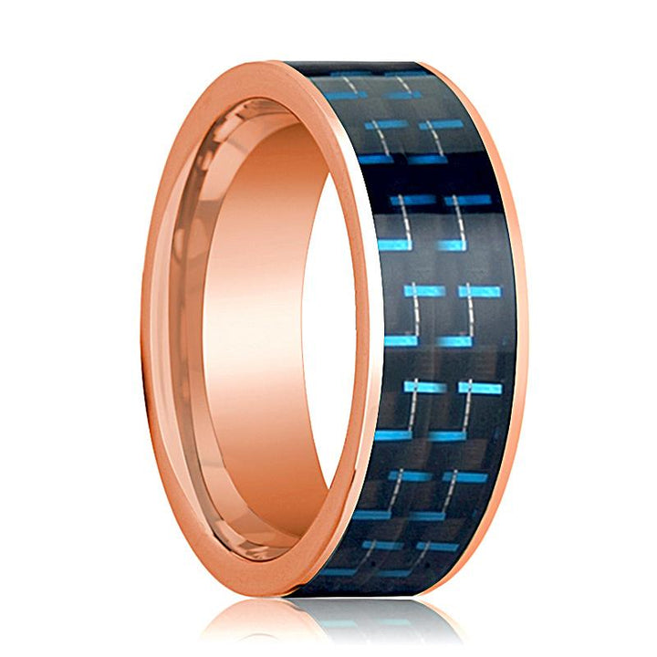 Mens Wedding Band 14K Rose Gold with Black & Blue Carbon Fiber Inlay Flat Polished Design - AydinsJewelry
