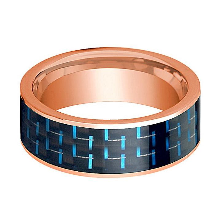 Men's 14k Rose Gold Flat Wedding Band for Men with Black and Blue Carbon Fiber Inlay - 8MM - Rings - Aydins Jewelry - 2