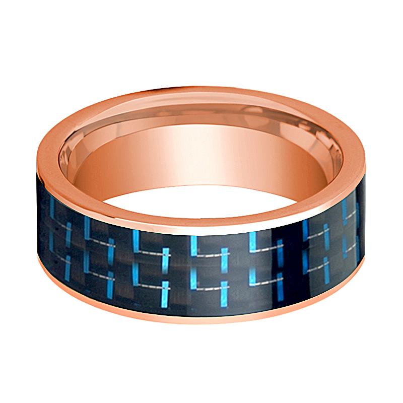 Blue Carbon Fiber inlay 14k rose gold wedding band 8mm, side profile