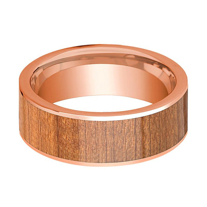 Mens Wedding Band Polished Flat 14k Rose Gold Wedding Ring with Cherry Wood Inlay - 8mm - AydinsJewelry