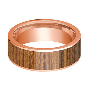 Men's 14k Rose Gold Flat Wedding Band with Teak Wood Inlay Polished Fi ...