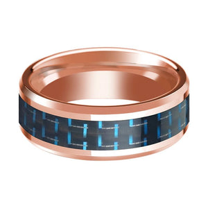 Blue Carbon Fiber inlay 14k rose gold wedding band 8mm, side profile