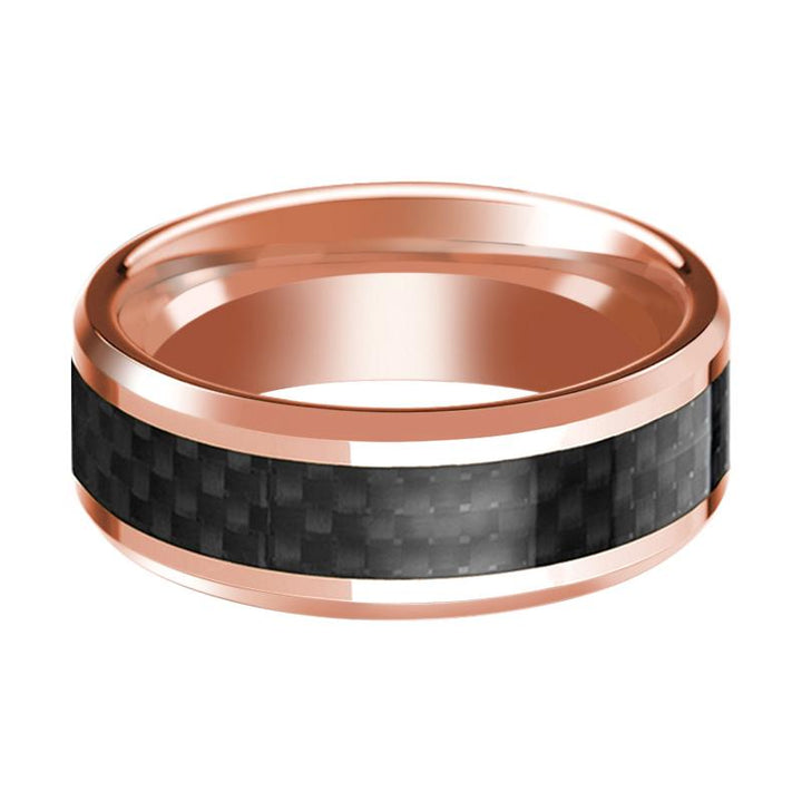 Men's 14k Rose Gold Polished Wedding Band with Black Carbon Fiber Inlay & Beveled Edges - 8MM - Rings - Aydins Jewelry - 2