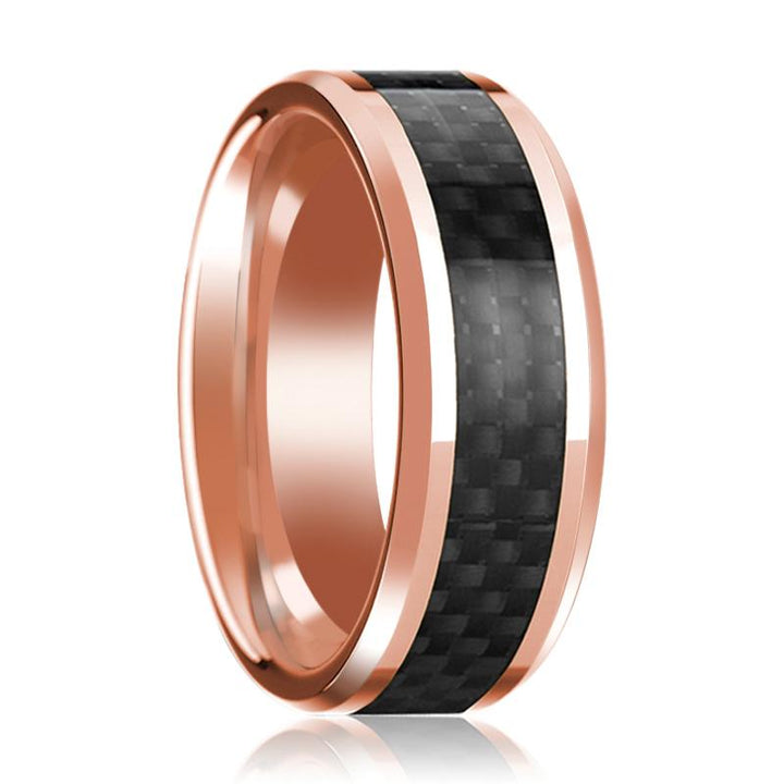 Men's 14k Rose Gold Polished Wedding Band with Black Carbon Fiber Inlay & Beveled Edges - 8MM